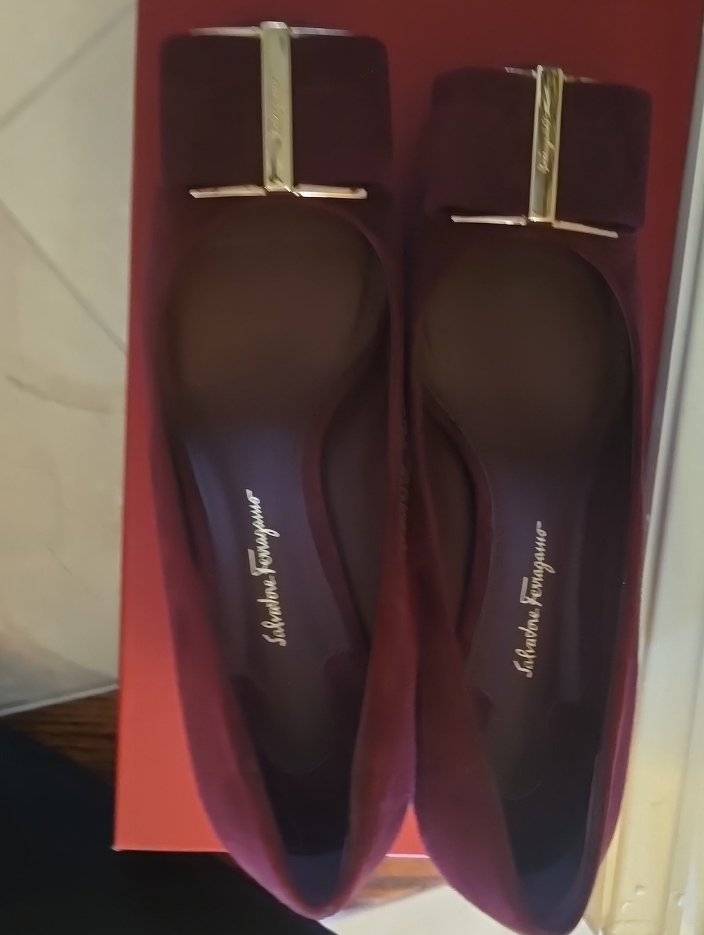 Salvatore Ferragamo Burgundy Suede Vara Bow Flats with Gold Hardware